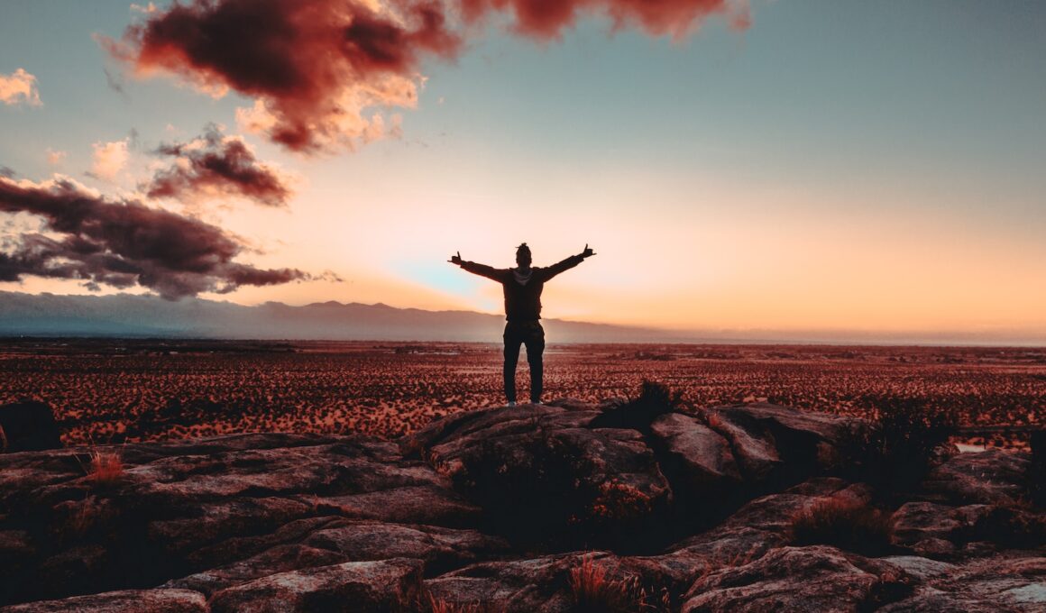 person standing on rock raising both hands