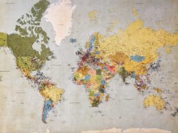 blue, green, and yellow world map