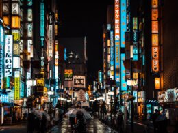 people walking on street during night time